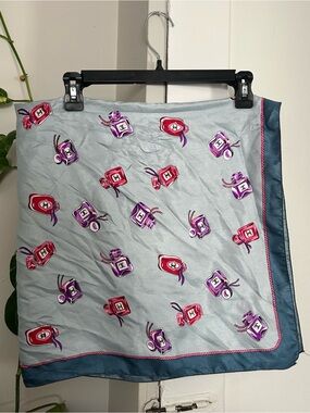 Chanel Light Blue Silk Scarf with Pink & Purple Perfume Motif